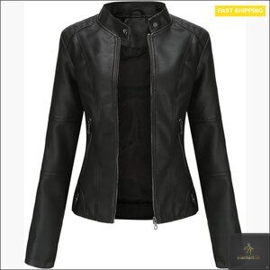 Faux Leather Bomber Jacket with Belt, Motorcycle Style, Water Resistant